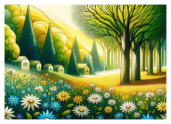 Skleněný obraz - Vesnice ve žluto-zelené (70x50 cm)