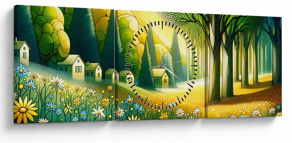 Obraz - Vesnice ve žluto-zelené (s hodinami) (90x30 cm)