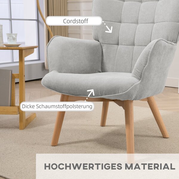 Křeslo HOMCOM s ottomanem, křeslo s vysokým opěrákem, dřevěné nohy, lounge křeslo s prošívaným designem, vzhled sametu, pro obývací pokoj, šedé | Aoso