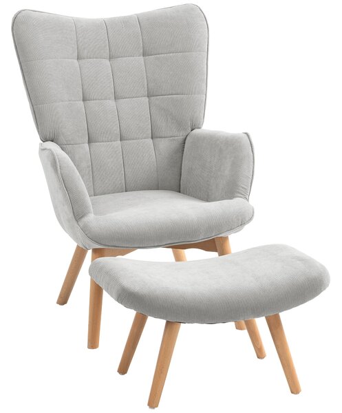 Křeslo HOMCOM s ottomanem, křeslo s vysokým opěrákem, dřevěné nohy, lounge křeslo s prošívaným designem, vzhled sametu, pro obývací pokoj, šedé | Aoso