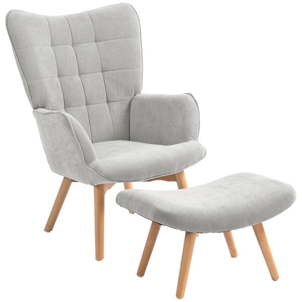 Křeslo HOMCOM s ottomanem, křeslo s vysokým opěrákem, dřevěné nohy, lounge křeslo s prošívaným designem, vzhled sametu, pro obývací pokoj, šedé | Aoso