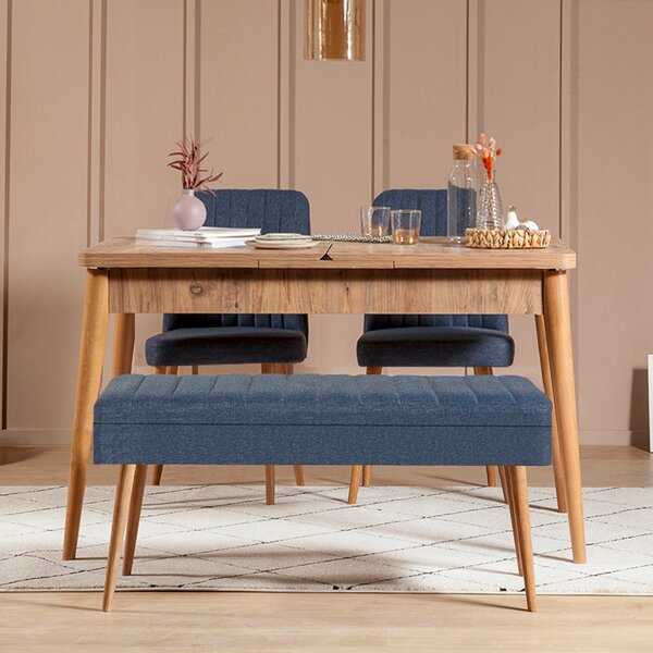 Rozkládací jídelní stůl se 2 židlemi a lavicí Vlasta (borovice antlantic + tmavě modrá). 1073058