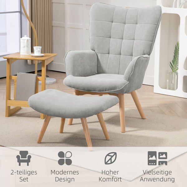 Křeslo HOMCOM s ottomanem, křeslo s vysokým opěrákem, dřevěné nohy, lounge křeslo s prošívaným designem, vzhled sametu, pro obývací pokoj, šedé | Aoso