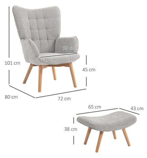 Křeslo HOMCOM s ottomanem, křeslo s vysokým opěrákem, dřevěné nohy, lounge křeslo s prošívaným designem, vzhled sametu, pro obývací pokoj, šedé | Aoso