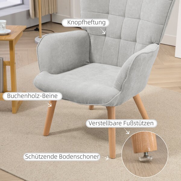 Křeslo HOMCOM s ottomanem, křeslo s vysokým opěrákem, dřevěné nohy, lounge křeslo s prošívaným designem, vzhled sametu, pro obývací pokoj, šedé | Aoso