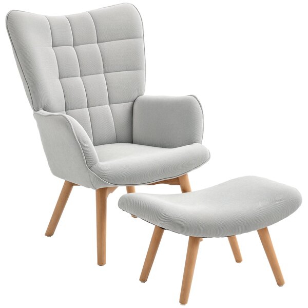 Křeslo HOMCOM s ottomanem, křeslo s vysokým opěrákem, dřevěné nohy, lounge křeslo s prošívaným designem, vzhled sametu, pro obývací pokoj, šedé | Aoso
