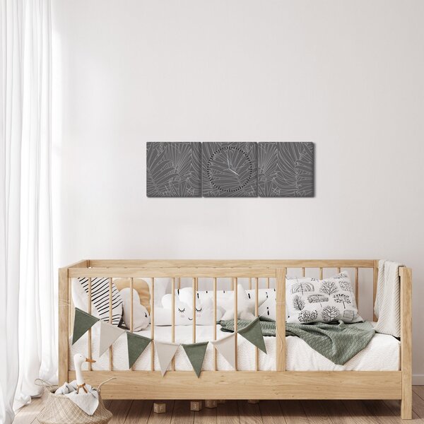 Obraz - Šedé palmové listy (s hodinami) (90x30 cm)