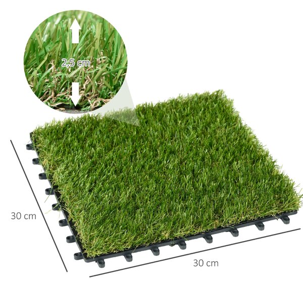 Umělá tráva Outsunny 10 kusů Skládací koberec odolný vůči povětrnostním vlivům 25 mm Zahradní koberec na balkon 30 x 30 cm Tmavě zelený | Aosom