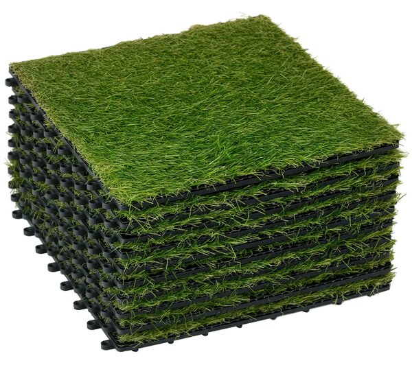 Umělá tráva Outsunny 10 kusů Skládací koberec odolný vůči povětrnostním vlivům 25 mm Zahradní koberec na balkon 30 x 30 cm Tmavě zelený | Aosom