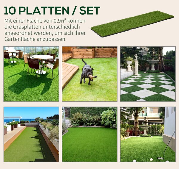 Umělá tráva Outsunny 10 kusů Skládací koberec odolný vůči povětrnostním vlivům 25 mm Zahradní koberec na balkon 30 x 30 cm Tmavě zelený | Aosom