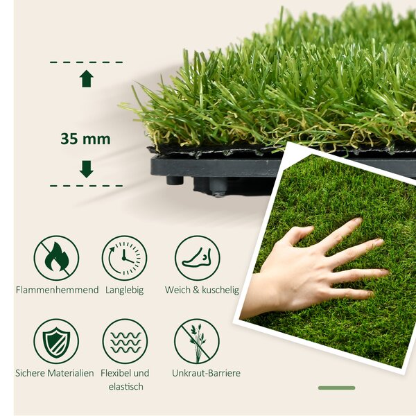 Umělá tráva Outsunny 10 kusů Skládací koberec odolný vůči povětrnostním vlivům 25 mm Zahradní koberec na balkon 30 x 30 cm Tmavě zelený | Aosom