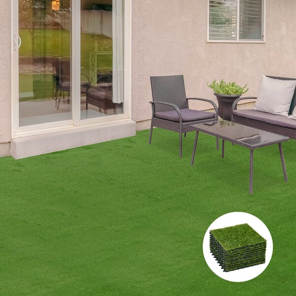 Umělá tráva Outsunny 10 kusů Skládací koberec odolný vůči povětrnostním vlivům 25 mm Zahradní koberec na balkon 30 x 30 cm Tmavě zelený | Aosom