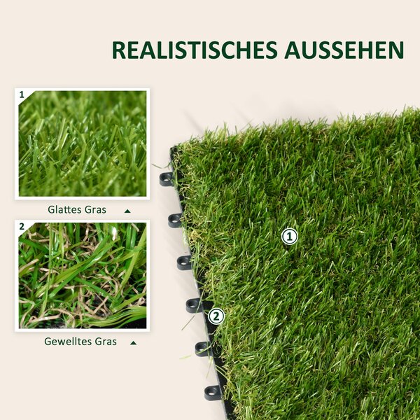 Umělá tráva Outsunny 10 kusů Skládací koberec odolný vůči povětrnostním vlivům 25 mm Zahradní koberec na balkon 30 x 30 cm Tmavě zelený | Aosom