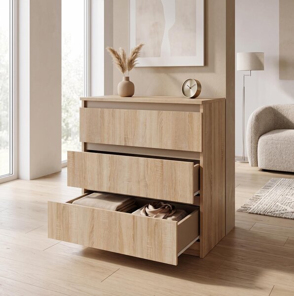 Moderní komoda se 3 zásuvkami | Bílá pídavná skíka | Komoda se zásuvkami 70 x 74,5 x 40 cm | Do lonice, obývacího pokoje a pedsín, dub Sonoma