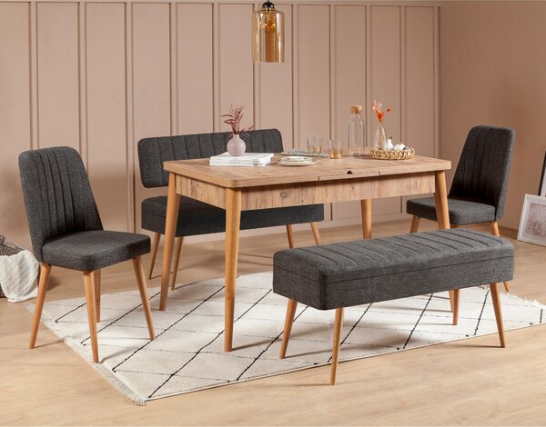 Rozkládací jídelní stůl se 2 židlemi a 2 lavicemi Vlasta (borovice antlantic + antracit). 1073072