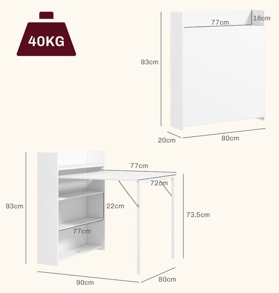 HOMCOM Skládací Jídelní Stůl pro 3 Osoby s 4 Policemi, Moderní Skládací Jídelní Stůl pro Malé Prostory, Kuchyň, 80 x 90 x 93 cm, Bílý | Aosom