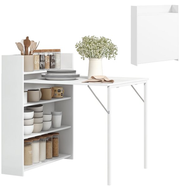 HOMCOM Skládací Jídelní Stůl pro 3 Osoby s 4 Policemi, Moderní Skládací Jídelní Stůl pro Malé Prostory, Kuchyň, 80 x 90 x 93 cm, Bílý | Aosom