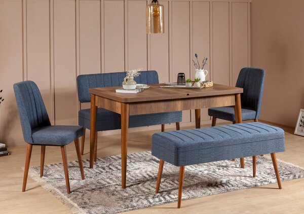 Rozkládací jídelní stůl se 2 židlemi a 2 lavicemi Vlasta (ořech + tmavě modrá). 1073080