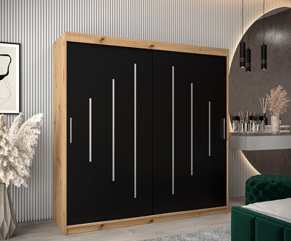 Šatní skříň s posuvnými dveřmi YORK - 200x200cm -Dub Artisan-Černá-