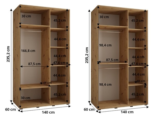 Šatní skříň s posuvnými dveřmi DAVOS 4, 140cm | Černá / DUB Artisan / černé pojezdy