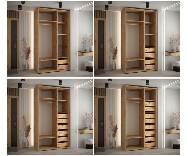 Šatní skříň s posuvnými dveřmi DAVOS 4, 140cm | DUB Artisan / černá / černé pojezdy