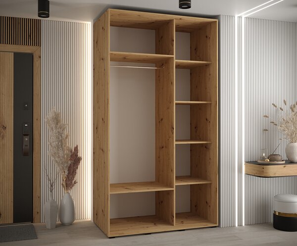 Šatní skříň s posuvnými dveřmi DAVOS 4, 140cm | DUB Artisan / černá / černé pojezdy