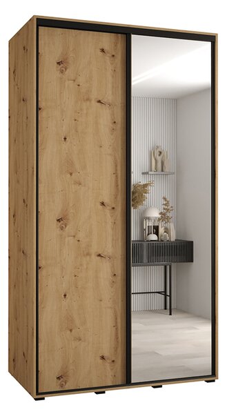 Šatní skříň s posuvnými dveřmi a zrcadlem DAVOS 140cm | DUB Artisan / černé pojezdy