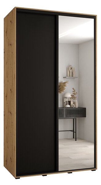 Šatní skříň s posuvnými dveřmi a zrcadlem DAVOS 140cm |DUB Artisan / černá / černé pojezdy