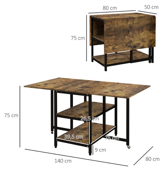 HOMCOM Rozkladací Skládací Jídelní Stůl Obdélníkový Mobilní Kuchyňský Stůl pro 2-6 Osob se 2 Otevřenými Policemi 140cm x 80cm x 75cm Rustikálně Hnědý