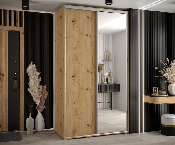 Šatní skříň s posuvnými dveřmi a zrcadlem DAVOS 140cm | DUB Artisan / stříbrné pojezdy
