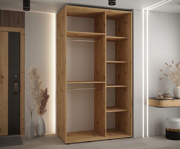Šatní skříň s posuvnými dveřmi DAVOS 4, 140cm | DUB Artisan / černá / černé pojezdy
