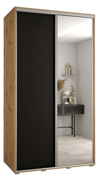 Šatní skříň s posuvnými dveřmi a zrcadlem DAVOS 140cm | DUB Artisan / černá / stříbrné