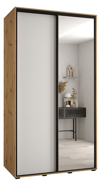 Šatní skříň s posuvnými dveřmi a zrcadlem DAVOS 140cm | DUB Artisan / bílá / černé pojezdy