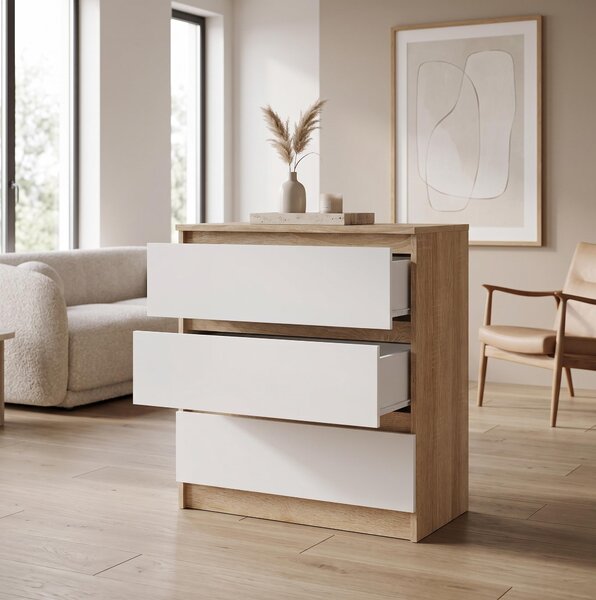 Moderní komoda se 3 zásuvkami | Bílá pídavná skíka | Komoda se zásuvkami 70 x 74,5 x 40 cm | Do lonice, obývacího pokoje a pedsín, Sonoma / bílá