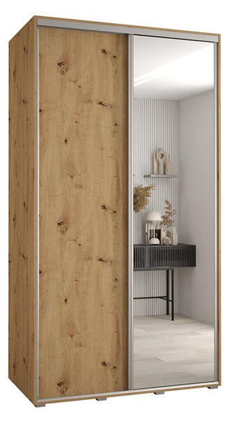Šatní skříň s posuvnými dveřmi a zrcadlem DAVOS 140cm | DUB Artisan / stříbrné pojezdy