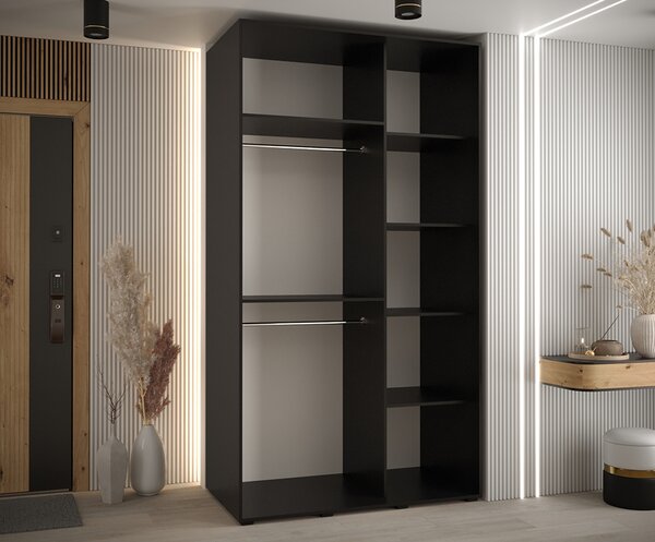 Šatní skříň s posuvnými dveřmi DAVOS 4, 140cm | Černá / DUB Artisan / černé pojezdy