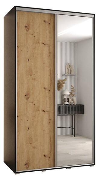 Šatní skříň s posuvnými dveřmi a zrcadlem DAVOS 140cm | Černá / DUB Artisan / stříbrné