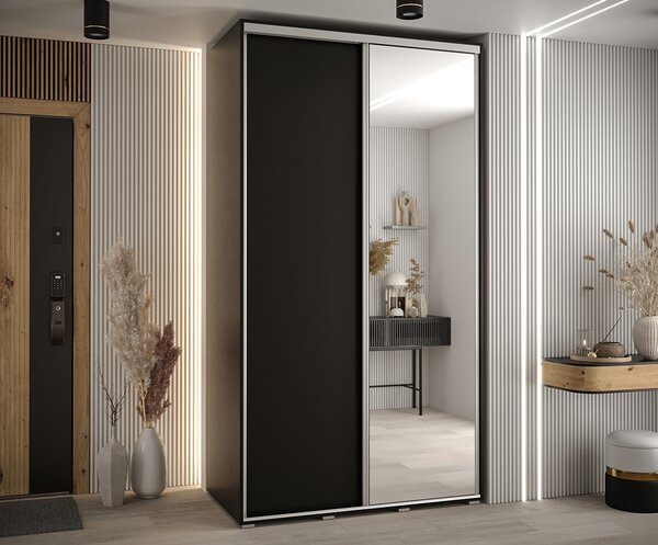 Šatní skříň s posuvnými dveřmi a zrcadlem DAVOS 140cm | Černá / stříbrné pojezdy