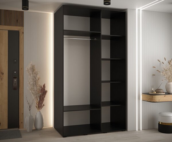 Šatní skříň s posuvnými dveřmi DAVOS 4, 140cm | Černá / DUB Artisan / černé pojezdy