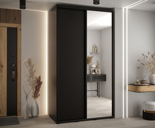Šatní skříň s posuvnými dveřmi a zrcadlem DAVOS 140cm | Černá / černé pojezdy