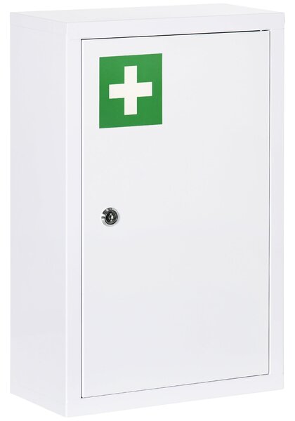 Kleankin Lékárnička, Skříňka na Lékárničku se 3 Přihrádkami, Uzamykatelná Skříňka na První Pomoc se 2 Klíči, Ocel, Bílá, 30 x 14 x 46 cm | Aosom