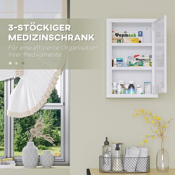 Kleankin Lékárnička, Skříňka na Lékárničku se 3 Přihrádkami, Uzamykatelná Skříňka na První Pomoc se 2 Klíči, Ocel, Bílá, 30 x 14 x 46 cm | Aosom