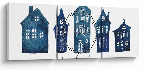 Obraz - Modré akvarelové domečky (s hodinami) (90x30 cm)
