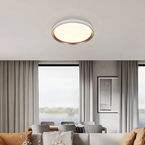 Searchlight LED stropní svítidlo Saucer, bílé/latte, Ø 39 cm, železo/akryl, stmívatelný, Bílá / opál, Obývací pokoj / jídelna, kov, Moderní