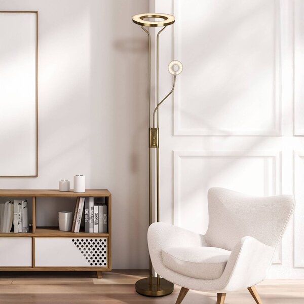 Searchlight LED stojací lampa Mother & Child, saténově leštěná mosaz, na čtení, stmívatelný, Mosaz / zlato, Obývací pokoj / jídelna, kov, Moderní