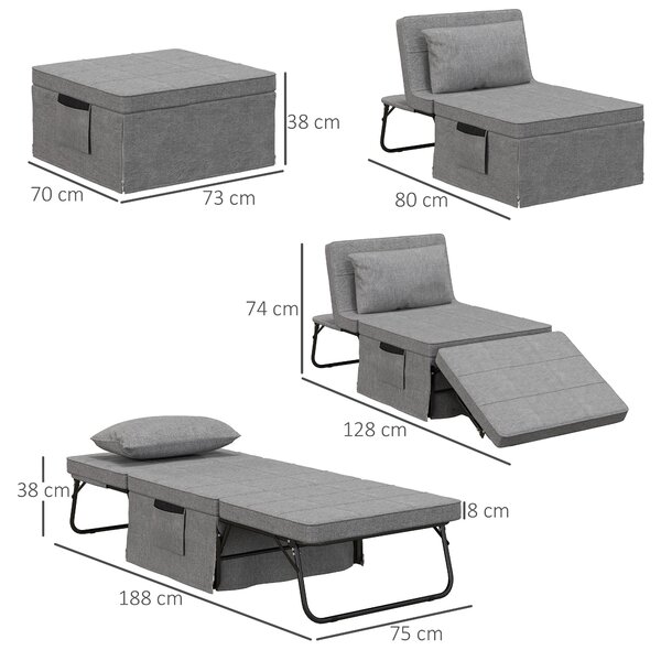 HOMCOM 4-v-1 skládací postel 75x190 cm, skládací postel pro dospělé s 8 cm tloušťkou matrace, cestovní postel s kovovým rámem, nastavitelné jednolůžko