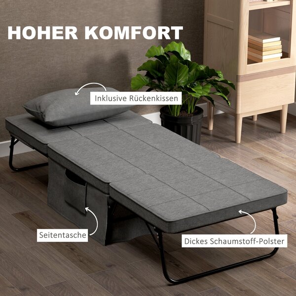 HOMCOM 4-v-1 skládací postel 75x190 cm, skládací postel pro dospělé s 8 cm tloušťkou matrace, cestovní postel s kovovým rámem, nastavitelné jednolůžko