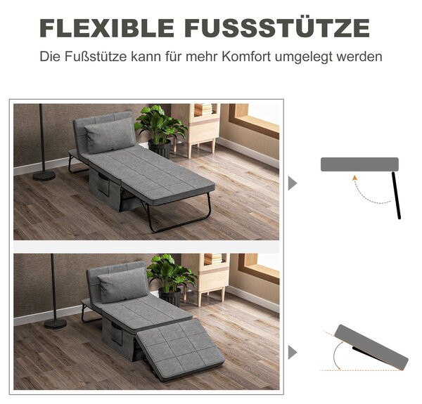 HOMCOM 4-v-1 skládací postel 75x190 cm, skládací postel pro dospělé s 8 cm tloušťkou matrace, cestovní postel s kovovým rámem, nastavitelné jednolůžko