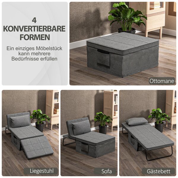 HOMCOM 4-v-1 skládací postel 75x190 cm, skládací postel pro dospělé s 8 cm tloušťkou matrace, cestovní postel s kovovým rámem, nastavitelné jednolůžko