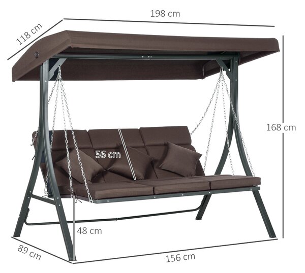 Outsunny 3-místná houpací lavice Hollywood, houpací lavice s nastavitelnou sluneční clonou, zahradní houpadlo s polstry, unese až 270 kg, kov, textil